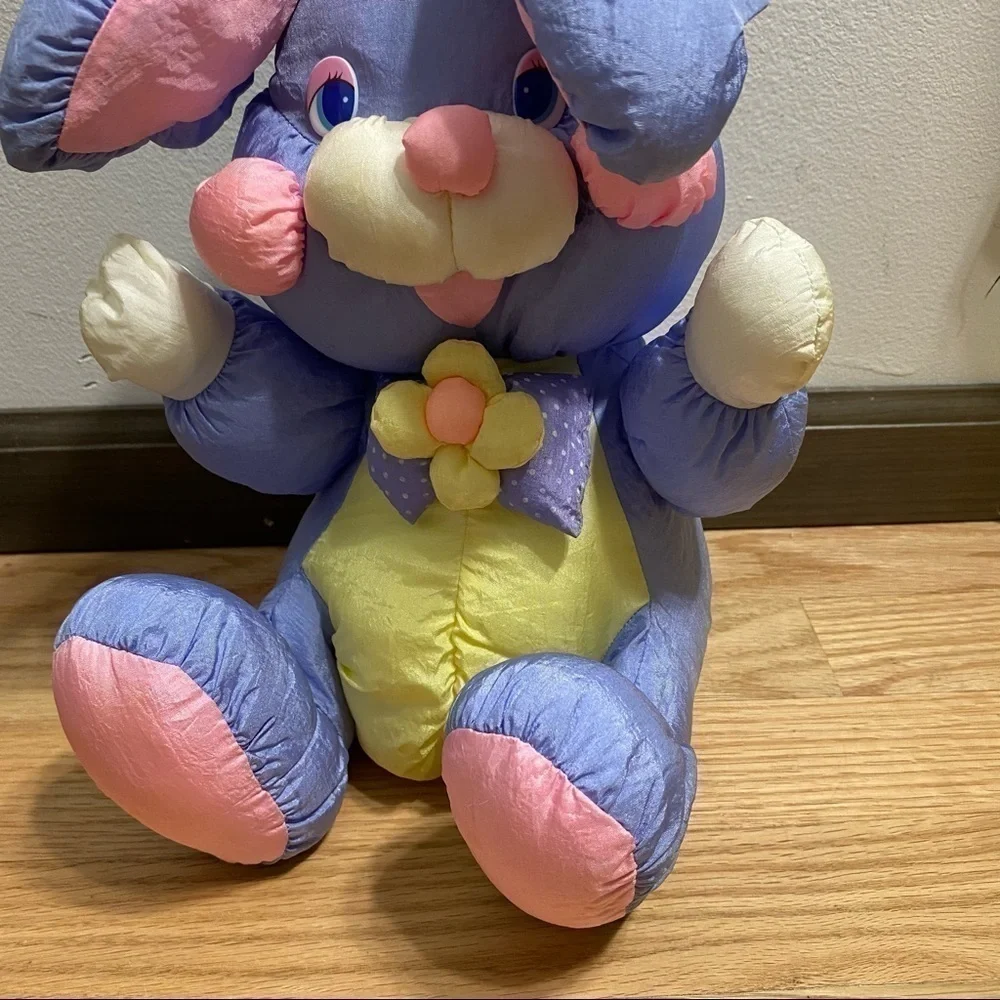 Vintage Puffy Easter Bunny Plush Purple Yellow Stuffed Animal